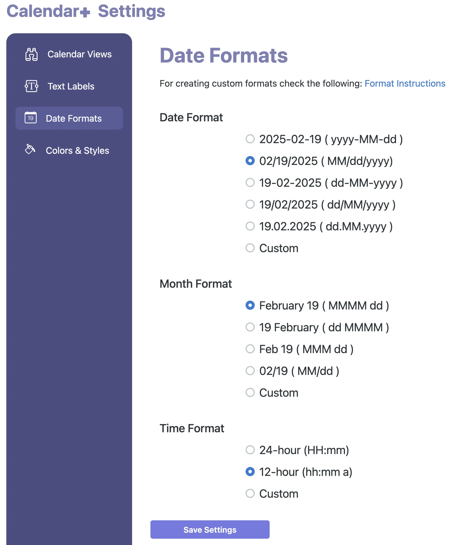 Calendar+ Date Format Settings.